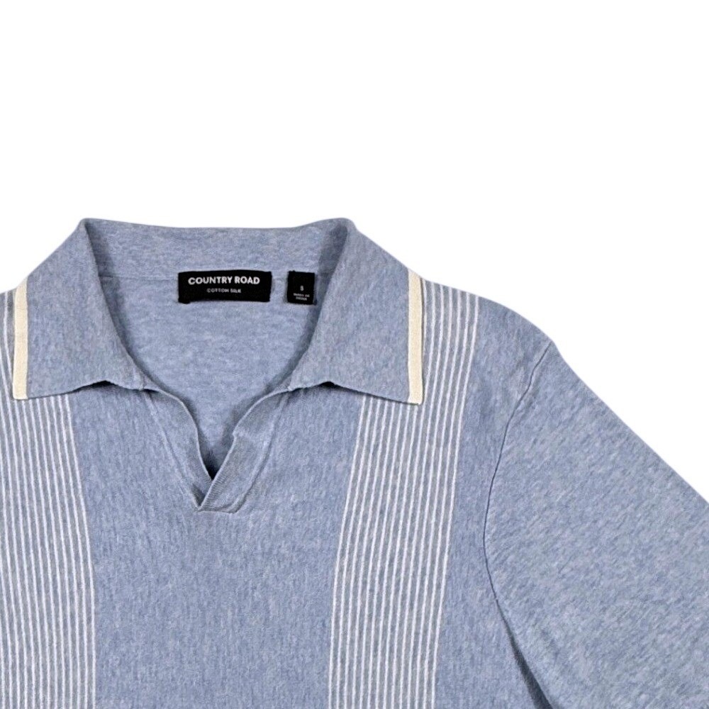 Country Road Mens Blue Cotton Silk Knit Polo Shirt Striped Retro V-Neck Small
